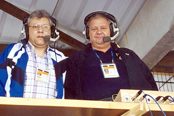 Milton Neves e Paulo Stein na cobertura da Copa do Mundo da França, em 1998